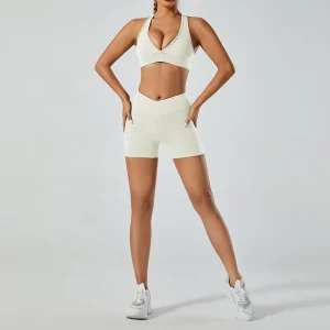 Women’s Active Yoga Gym Vest and Shorts Sports Suit Spandex Nylon High Support Sweat Wicking Nude Sexy Back Fitness