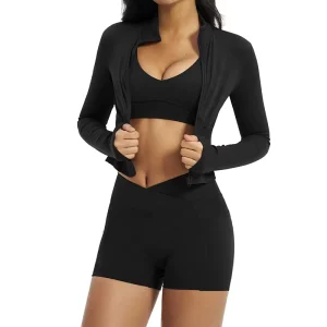 Women’s Activewear Gym Fitness 3 Piece Set Sports Bra Long Sleeve Zipper Jacket High Waist Shorts Four Way Stretch Yoga Sets