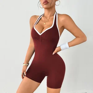 Women’s Activewear Sexy Halter V Neck Yoga Bodysuit High Waist Butt Lifting One Piece Seamless Workout Jumpsuit