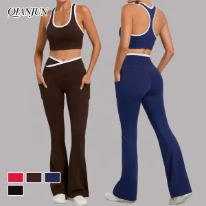Women’s Activewear Sports Clothes Cross V Waistband High Waist Flare Pants U Neck Tank Top Sportswear Gym Fitness Sets