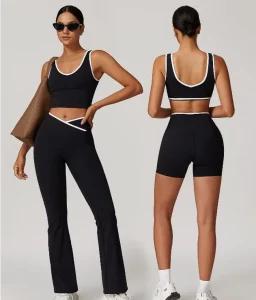 Women’s Activewear Sports Clothing Cross V Waistband High Waist Leggings 2 Piece Suit Colour Blocking Yoga Set Gym Fitness Sets