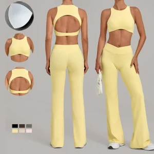 Women’s Activewear Yoga Set Crew Neck Backless Yoga Top Butt Lifting Suck Stomach Cross Leggings Workout Sets for Women