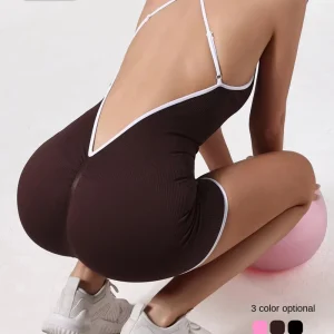 Women’s All-in-One Jumpsuit Quick-Drying Breathable Fitness Yoga Suit Hip-Lift Cross-Back Sling Solid One-Piece Sports Jumpsuit
