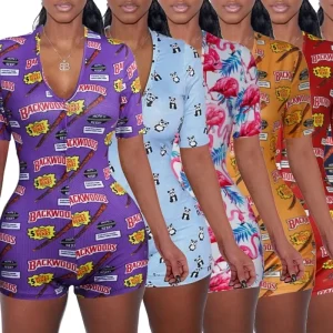 Women’s Allover Printing Short Sleeve Bodycon Jumpsuit Romper Casual Printed Onesie Pajamas for Spring Autumn