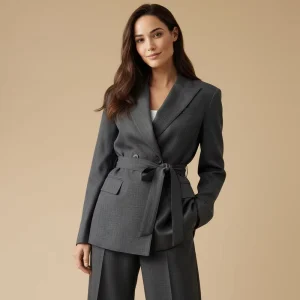 Women’s American European Style Blazer Jacket Breathable 100% Polyester V-neck Full Sleeve Sashes Gray Printed
