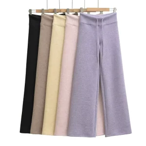 Women’s American Retro Fleece High Waist Wide Leg Pants Winter Warm Loose Fit Casual Trousers