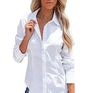 Women’s Anti-Wrinkle Office Lady Long Sleeve Dress Shirts Collared Work Solid Blouses Corset Tops