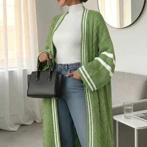 Women’s Anti Wrinkle V neck Color Blocking Green Regular Fit Cardigan Autumn Casual Outdoor Walking Trendy Long