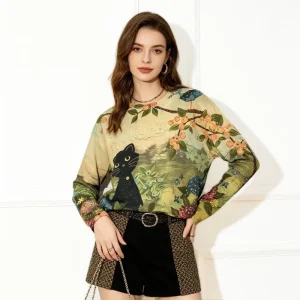 Women’s Art Garden Plant Cat Print Knit Sweater Casual Crewneck Oversized Long Sleeve Breathable Soft Daily Wear Garment