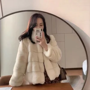 Women’s Artificial Fur Winter Coat with Stand-up Collar and Thickened Fur