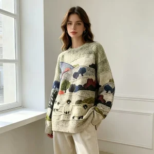 Women’s Artistic Nature Print Knit Sweater Countryside Sheep Graphic Oversized Casual Crewneck Long Sleeve OEM Custom Pullover