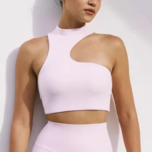 Women’s Asymmetric Cutout High Neck Sports Bra with Built in Cups