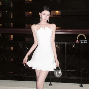 Women’s Asymmetrical Ruffle Hem Strapless Matching Summer Outfits Black Birthday Dress Elegant Dress
