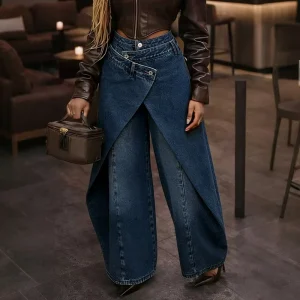 Women’s Asymmetrical Wrap Front Baggy Jeans Streetwear Irregular High Waist Wide Leg Denim Pants