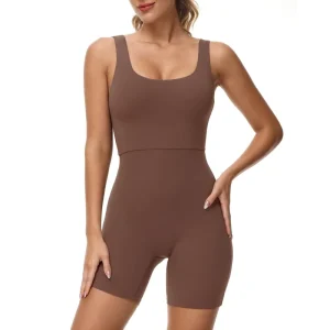 Women’s Athletic One Piece Romper Sleeveless Yoga Set with Shorts Plus Size Solid Pattern for Running and Gym