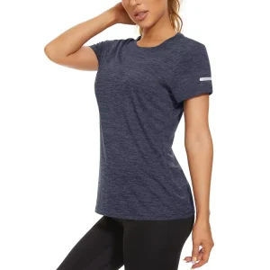 Women’s Athletic Quick Dry Short Sleeve T Shirt with Reflective Strips Navy Blue