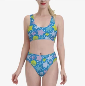 Women’s Athletic Two Piece Swimsuit with Breathable Racing Swimwear Starfish Print Lace Decoration for Training Sports Swimming