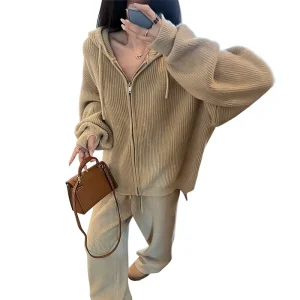 Women’s Autumn 2 Piece Woven Lounge Set Oversized Long Sleeve Sweater Top Wide Leg Pants Regular Fit Minimalist Solid Breathable
