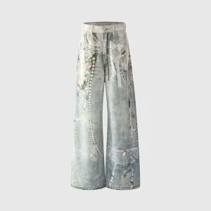 Women’s Autumn Casual 3D Digital Printing Denim Long Pants Preppy Style Couple’s Street Style Denim Pants
