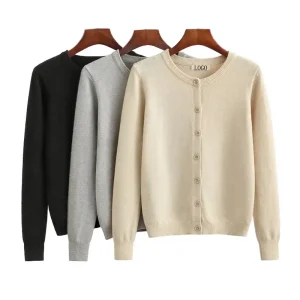 Women’s Autumn Casual Cardigan Solid Cotton Flat Knitted Breathable Button Crew Neck Sweater Knitwear