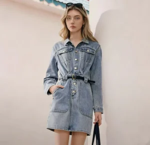 Women’s Autumn Casual Retro Solid Full Length Natural Waist Woven Denim A Line Dress