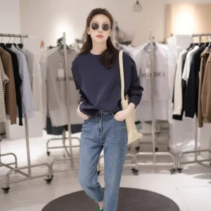 Women’s Autumn Casual Solid Pattern Knitted Polyester Cotton Full Sleeve O Neck Hoodie 460g