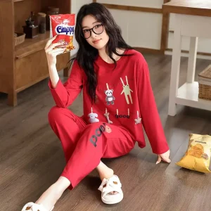 Women’s Autumn Christmas Red Sweet Cartoon Chest Cat Long Sleeve Long Pants for Homewear & Outdoor Wear