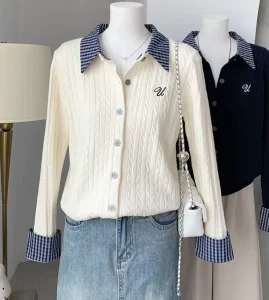 Women’s Autumn Custom Plaid Patchwork Lapel Long Knitwear Button Design Women’s Sweater Supplier