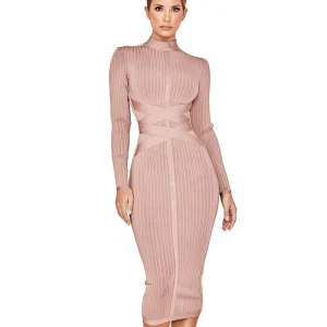 Women’s Autumn Elegant Bandage Dress Long Sleeve Mid length Nylon Cotton Thick Elastic Waist