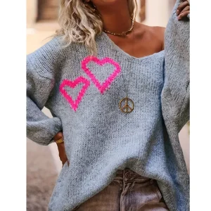 Women’s Autumn Heart Oversized Sweater V Neck Long Sleeve Drop Shoulder Pullover Knit Tops Casual Streetwear Color Blocking
