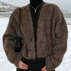 Women’s Autumn Large Size Mink Velvet Cardigan Thick Sweater Coat Loose Knitted Short