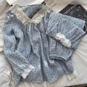 Women’s Autumn Long Sleeve Pullover Loungewear Set Cherry Print Lace Trim Casual Two Piece Sleepwear