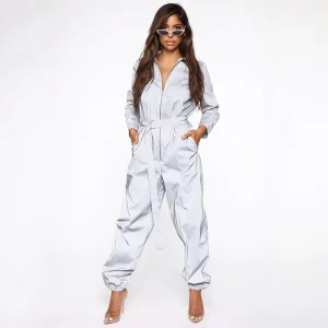 Women’s Autumn New Personality Reflective High Waist Clothes Long Sleeve Casual Jumpsuit