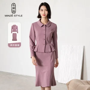 Women’s Autumn Office Lady Button Skirts Suits Peter Pan Coral Business Suit