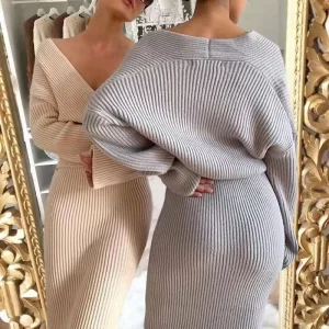 Women’s Autumn Solid 2 Piece V Neck Casual Long Sleeved Knitted Sweater Slim Fit Full Length Anti Pilling Dress Dinner Set