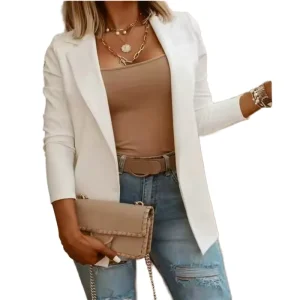 Women’s Autumn Solid White Black Business Suits Casual Long Sleeve V neck Knitted Single Button Breathable Blazer Jacket