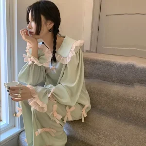 Women’s Autumn Spring Satin Luxury Elegant V neck Breathable Soft Puff Printed Full Length Pajamas Elastic Waist Long Sleeves