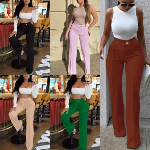 Women’s Autumn Stretch Regular Long Straight Casual Pants Solid Color Formal Fit Autumn Office Pants