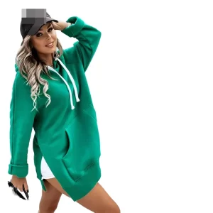 Women’s Autumn Winter Breathable Solid Color Hooded Long Pullover Sweatshirt Loose Casual Top