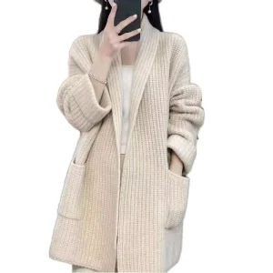 Women’s Autumn Winter Casual Long Cardigan Coat V Neck Lapel Collar Pockets Thick Knitted Tops Solid Long Sleeve Knit Top