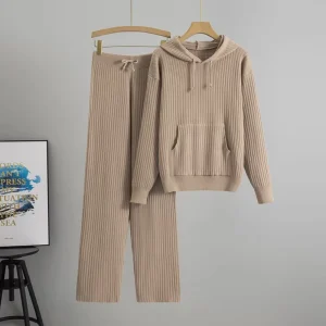 Women’s Autumn Winter Casual Suit Hooded Knitted Sweater Two Piece Pit Loose Fit Solid Pattern Polyester Cotton Anti Pilling