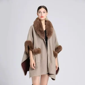 Women’s Autumn Winter Coat Faux Rex Rabbit Fur Collar Shawl Cape Plus Size Loose Woolen Long