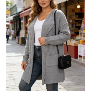 Women’s Autumn/Winter Elegant Cardigan with Notched Collar Long Style Solid Pattern Plus Size 100% Polyester Pockets