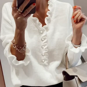 Women’s Autumn/Winter Fashion Solid Color Elegant Comfortable Long Sleeve Ruffle Trim V Neck Pullover Sweater