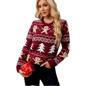 Women’s Autumn Winter Knitted Pullover Crew Neck Jacquard Sweater With Gingerbread Man Pattern For Christmas