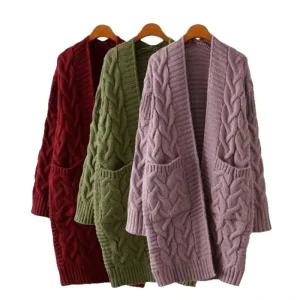 Women’s Autumn Winter Korean Style Loose Fashion Casual Solid Color Cable Knit Cardigan Sweater Jacket