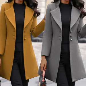 Women’s Autumn Winter Long Coat with Lapel, Solid Colour, Tailored Fit and Button Fastening