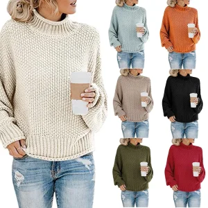 Women’s Autumn Winter Long Sleeve Solid Color Woven Front Casual Thick O Neck Pullover Sweater