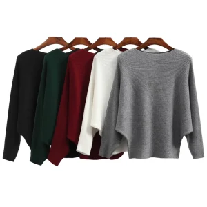 Women’s Autumn Winter New Style Solid Color Loose One Neck Long Sleeved Bat Knitted Sweater Casual Printed Knitted