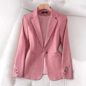 Women’s Autumn Winter Pink Checkered Suit Jacket Cinched Waist Casual Temperament Small Suit Versatile Top